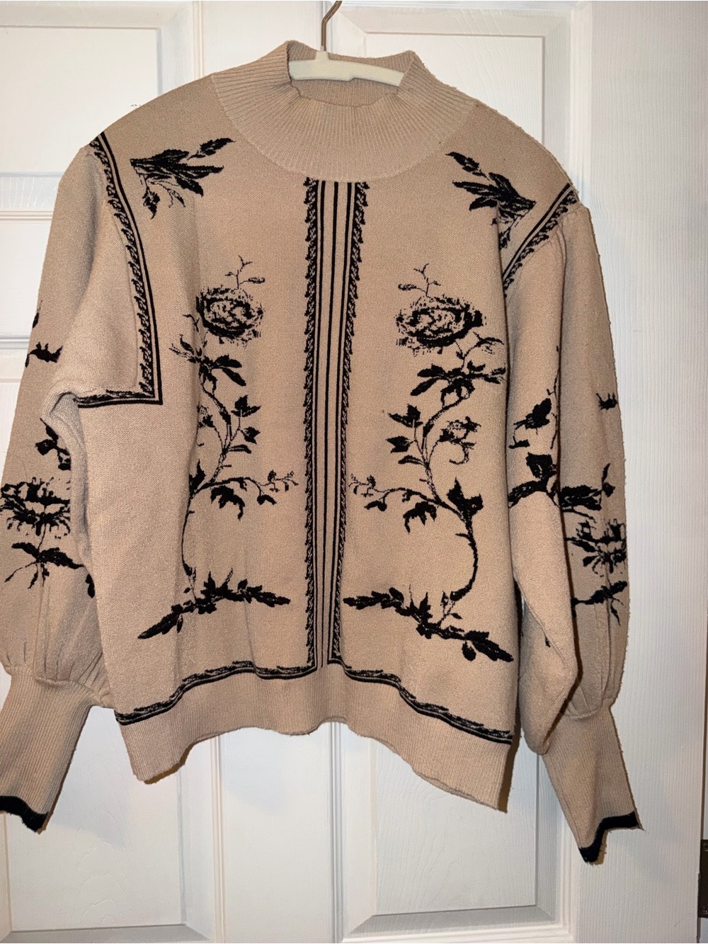 Jason Wu Beige Knit Turtleneck Sweater with Black Floral Motif